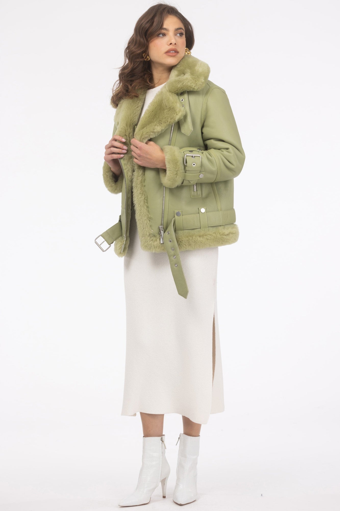 Select Shearling Lamb Zip Moto Jacket | Women | Light Green