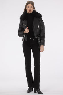 Select Lambskin Moto Zip Jacket With Detachable Toscana Shearling Lamb Collar | Women | Black