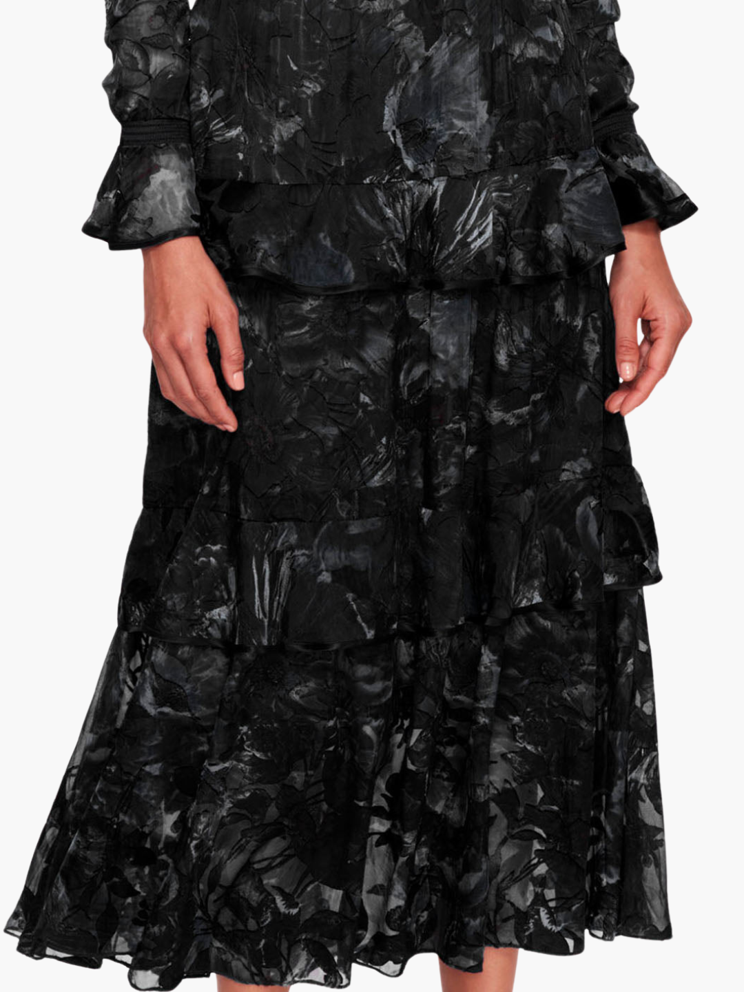 Diantha Dress Ruffle Burnout Satin Midi Dress | Black