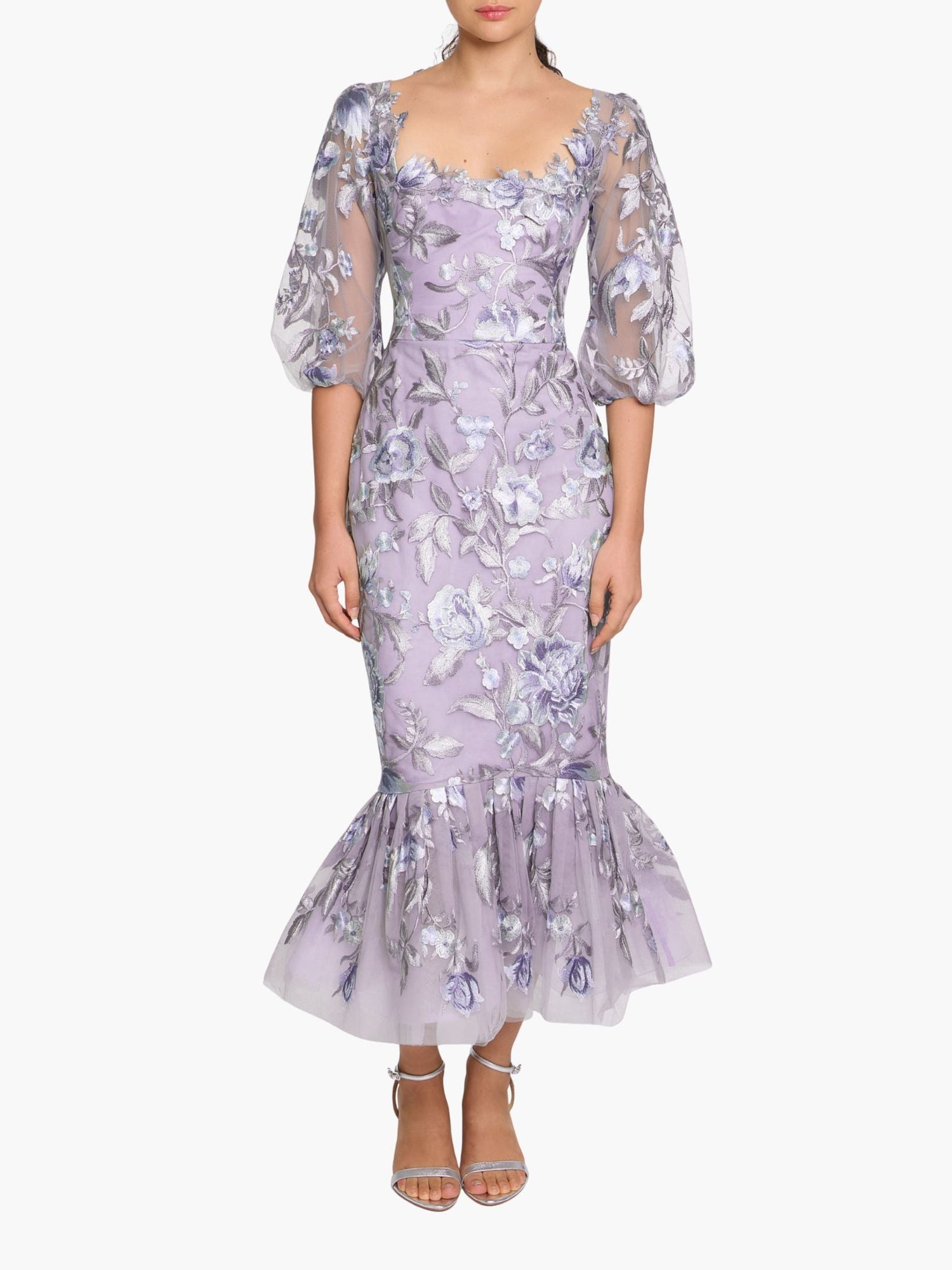 Botanist Bloom Embroidered Puff Sleeve Midi Dress | Lilac