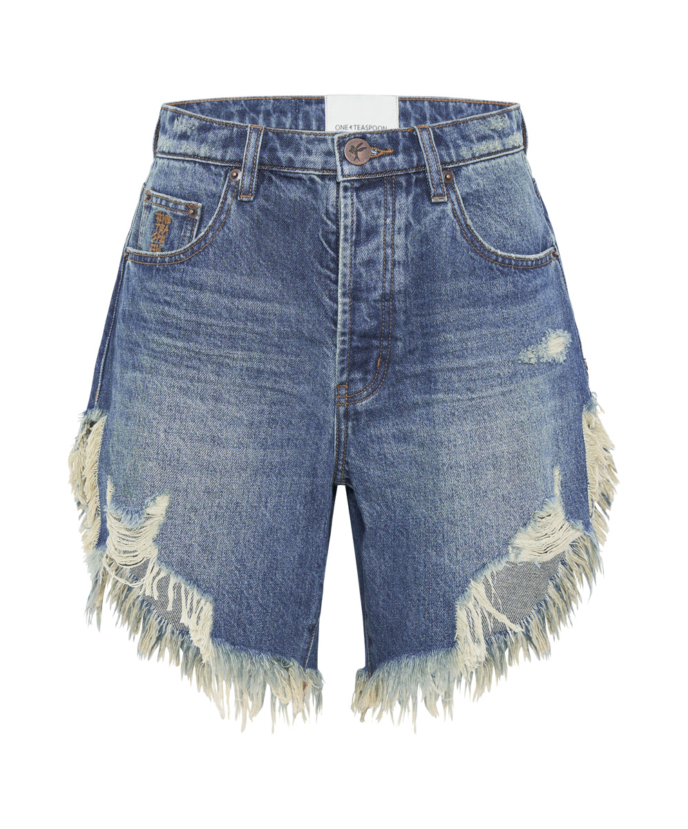 Frankies High Waist Long Length Shorts | Gritty Blue