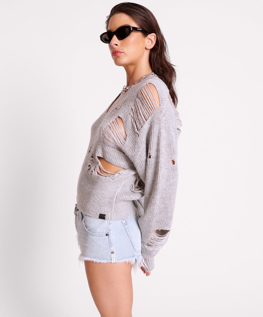 Laddered V-Neck Distressed Sweater | Grey Marle
