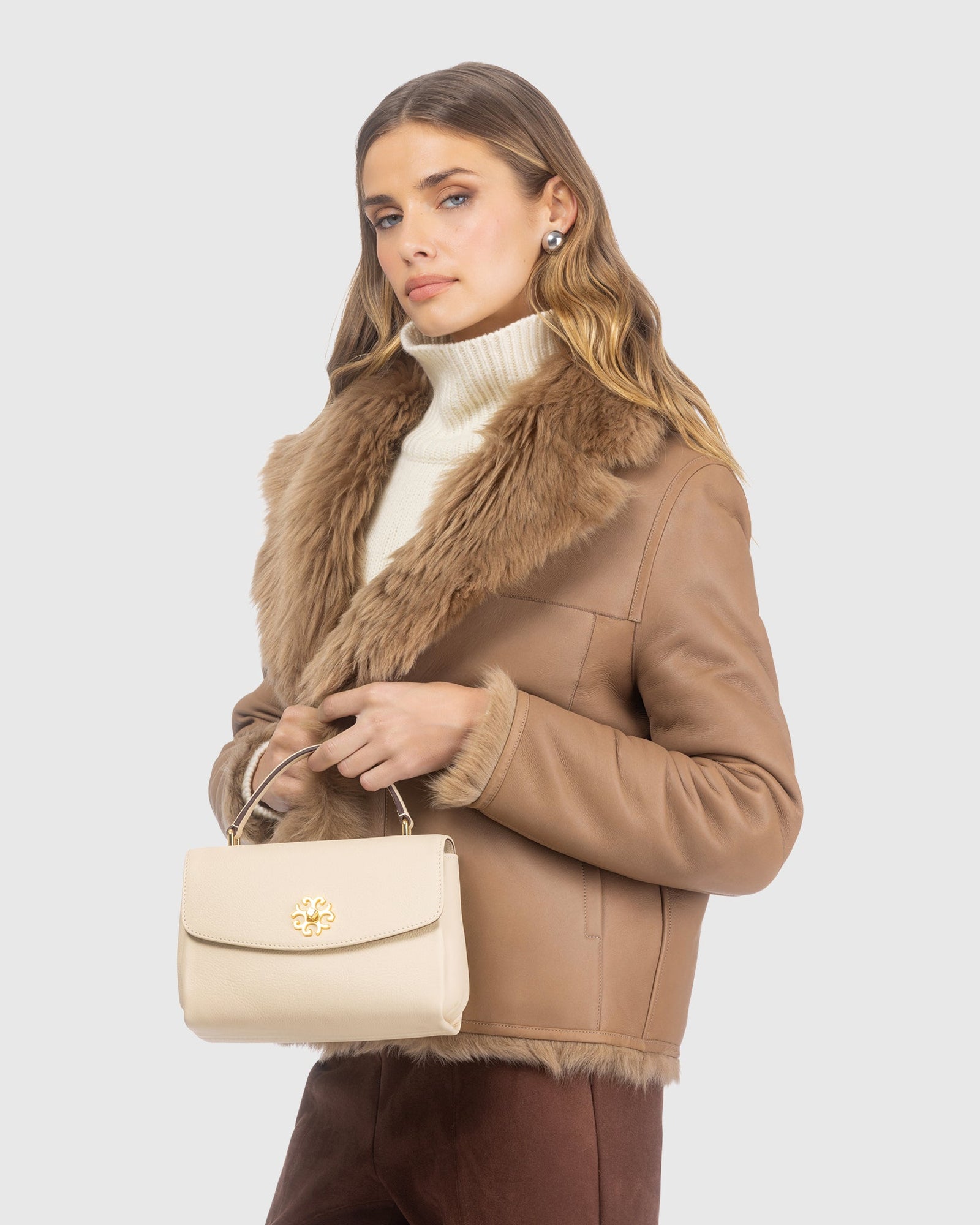 Top Handle Leather Satchel | Beige (V2)