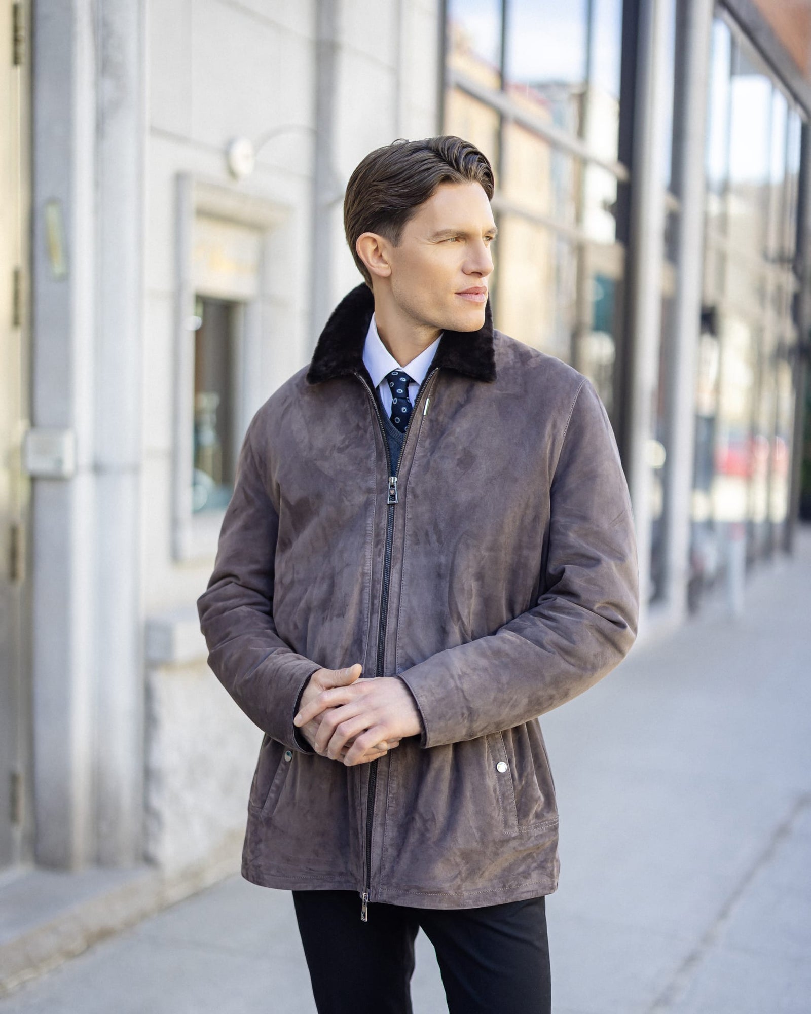 Men | Suede Jacket With Select Shearling Lamb Lining | Dark Brown