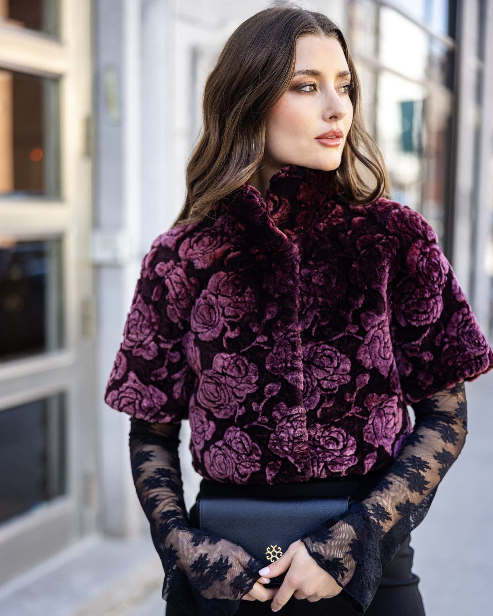 Select Shearling Lamb Rose Printed Bolero With Cropped Sleeves | Burgundy Brisa