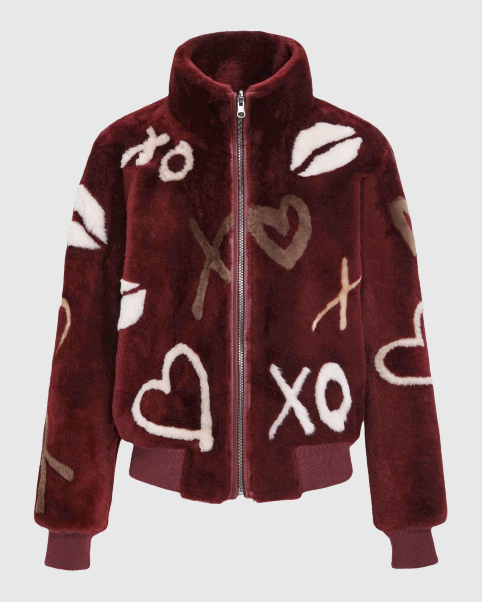 Reversible Merino Shearing Lamb Bomber Jacket | Wine/Xo Multi