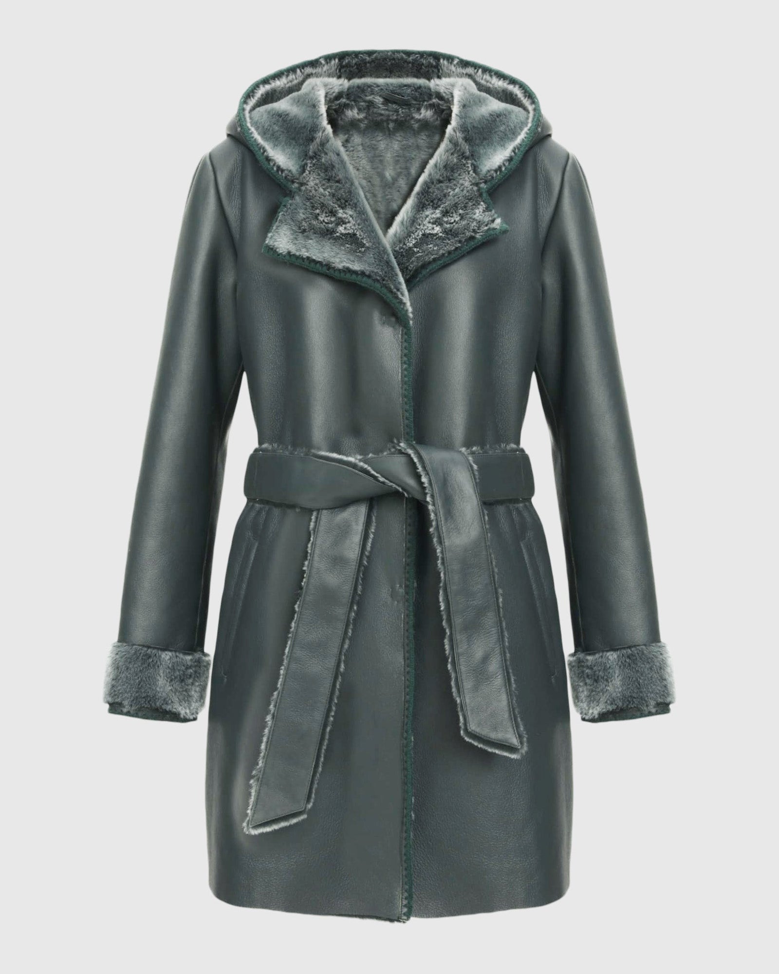 Merino Shearling Lamb Parka With Embroidered Trim, Belt | Emerald Brisa