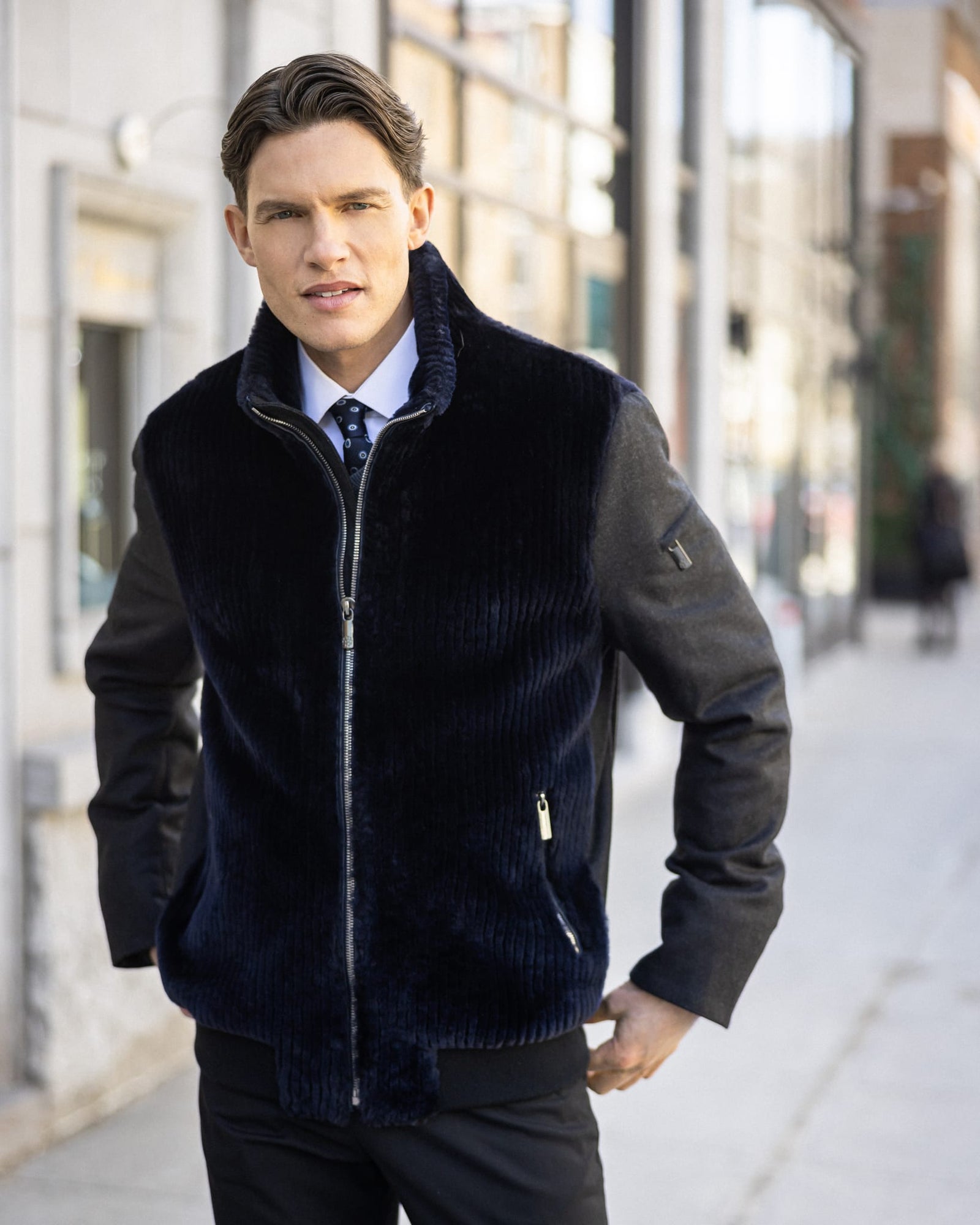 Men | Loro Piana Cashmere & Wool Jacket With Grooved Shearling Lamb Front | Navy/Black