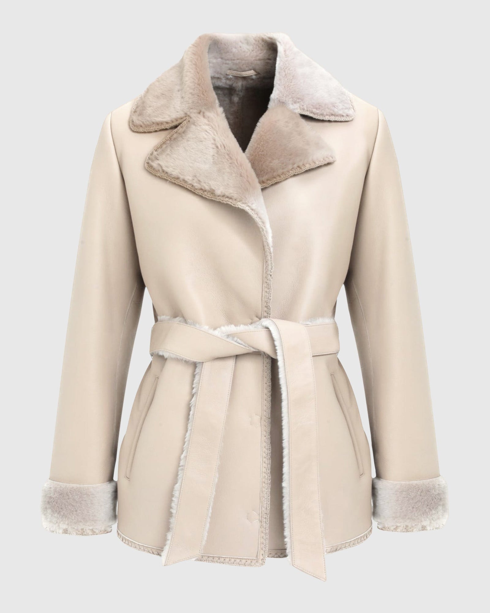 Merino Shearling Lamb Jacket With Embroidered Trim, Belt | Taupe Brisa