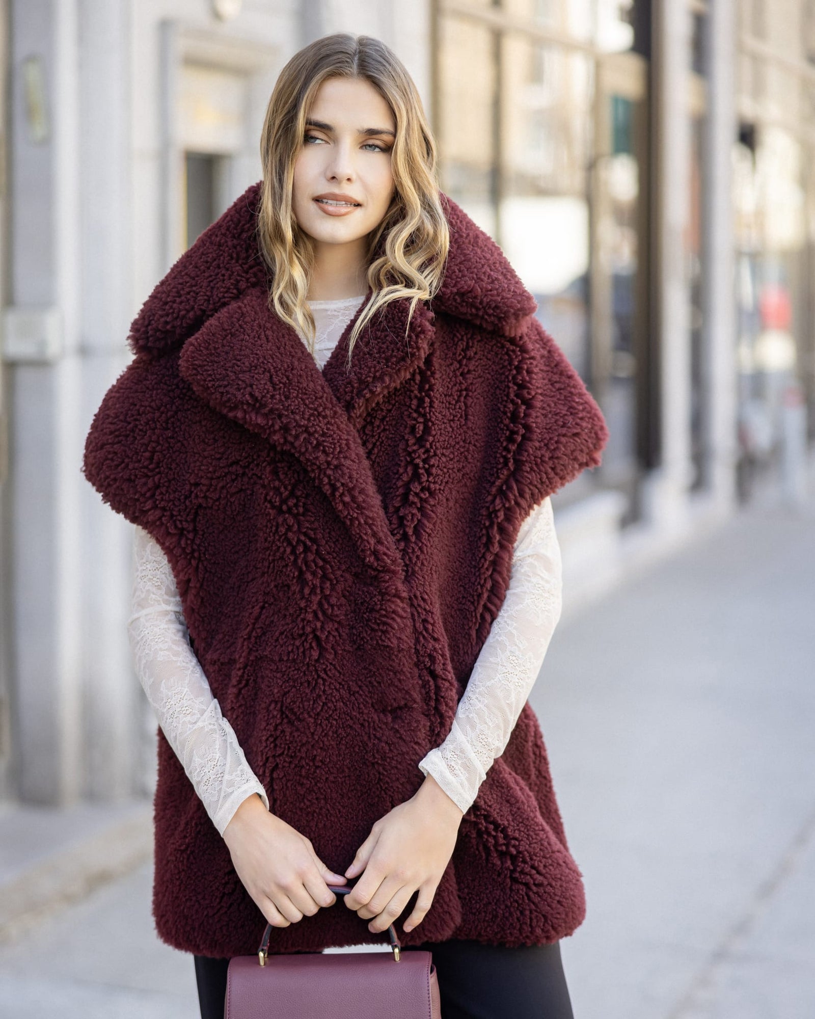 Curly Shearling Lamb Reversible Vest | Burgundy/Burgundy