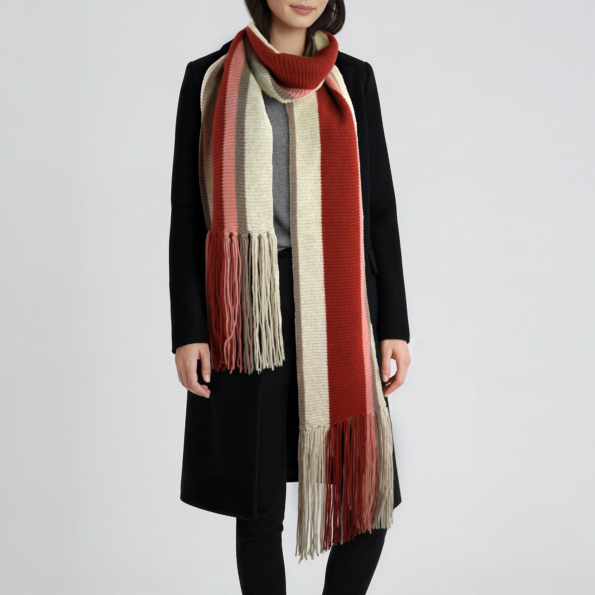 Womens | Maxy Striped Scarf with Fringes | White/Woodsmoke