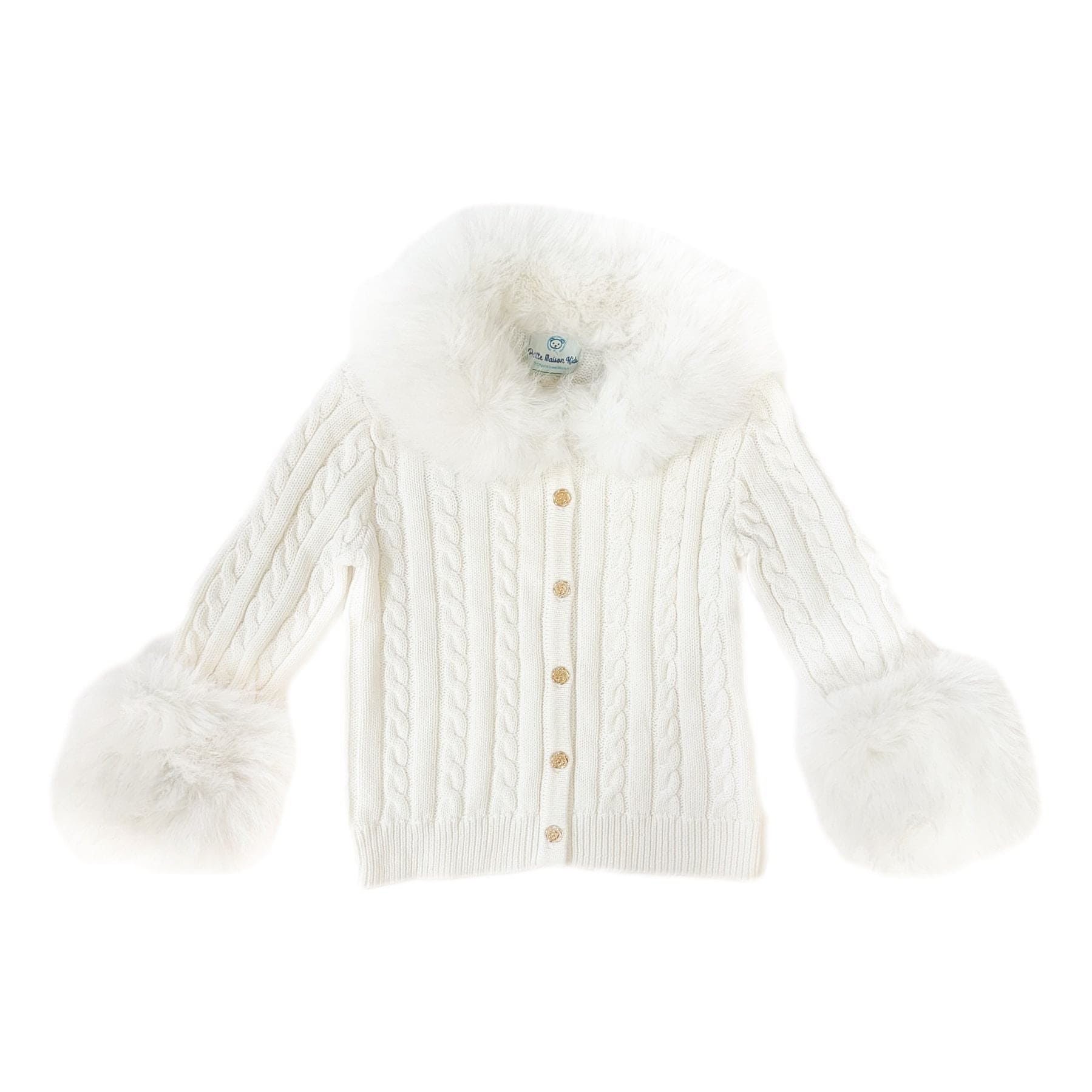 Baby Girls | Cableknit Faux Fur Cotton Cardigan | White