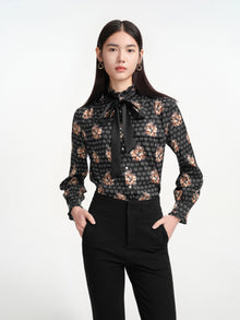 Bow High-Neck Printed Shirt | Black