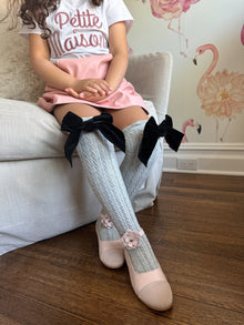 Knee High Socks with Velvet Bows | Grey & Black