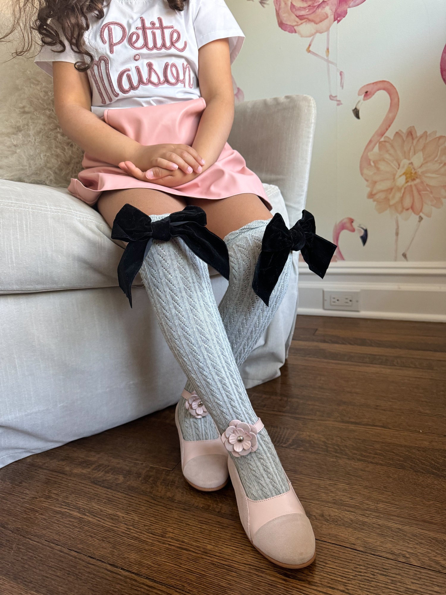 Knee High Socks with Velvet Bows | Grey & Black