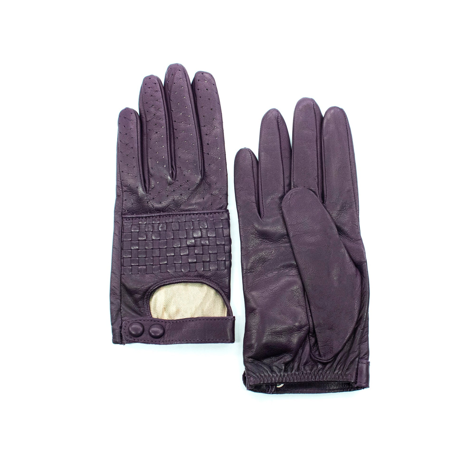 Short Leather Gloves In Basket Weave Design | Dark Currant