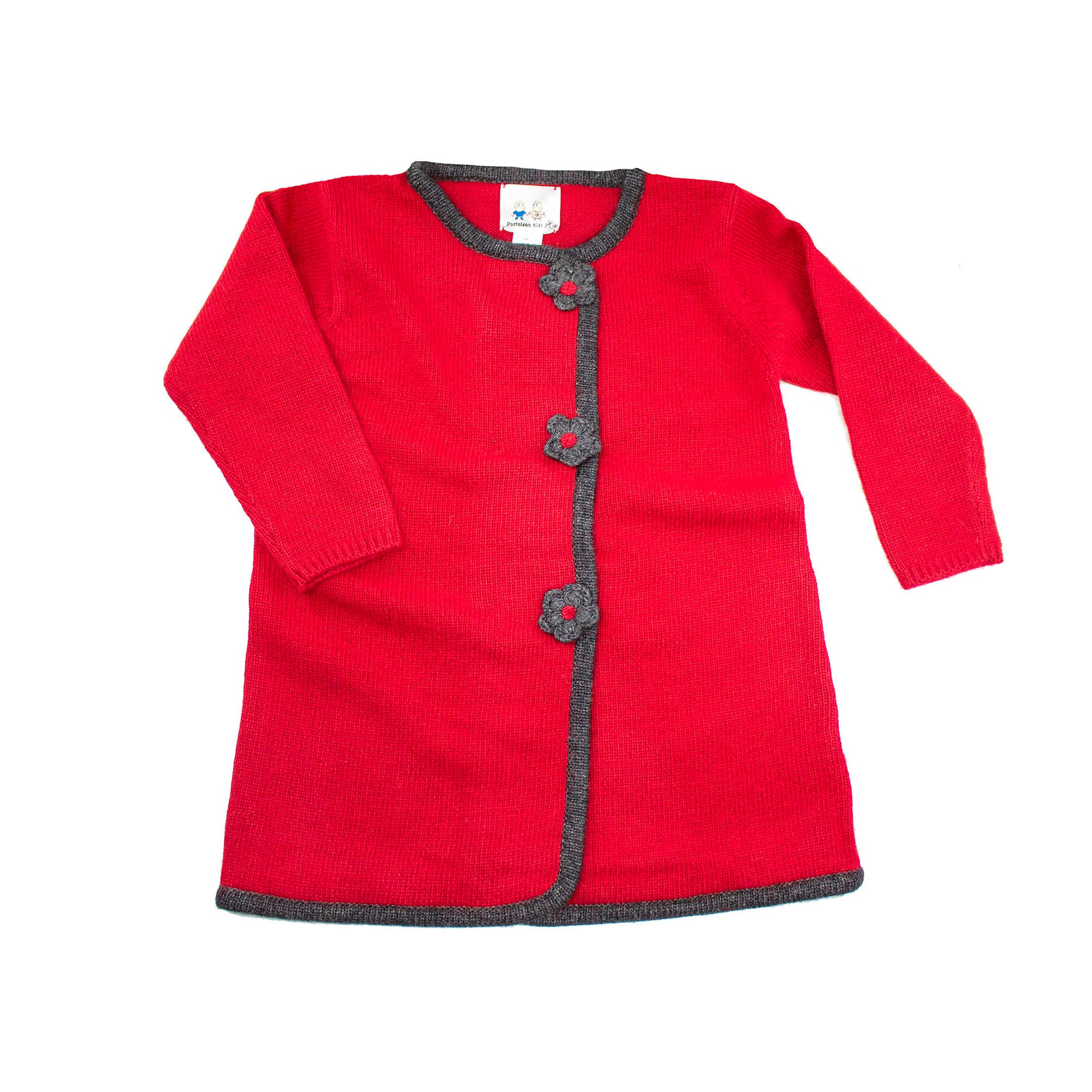 Kids | Knit Coat with Flowers | Red/Charcoal