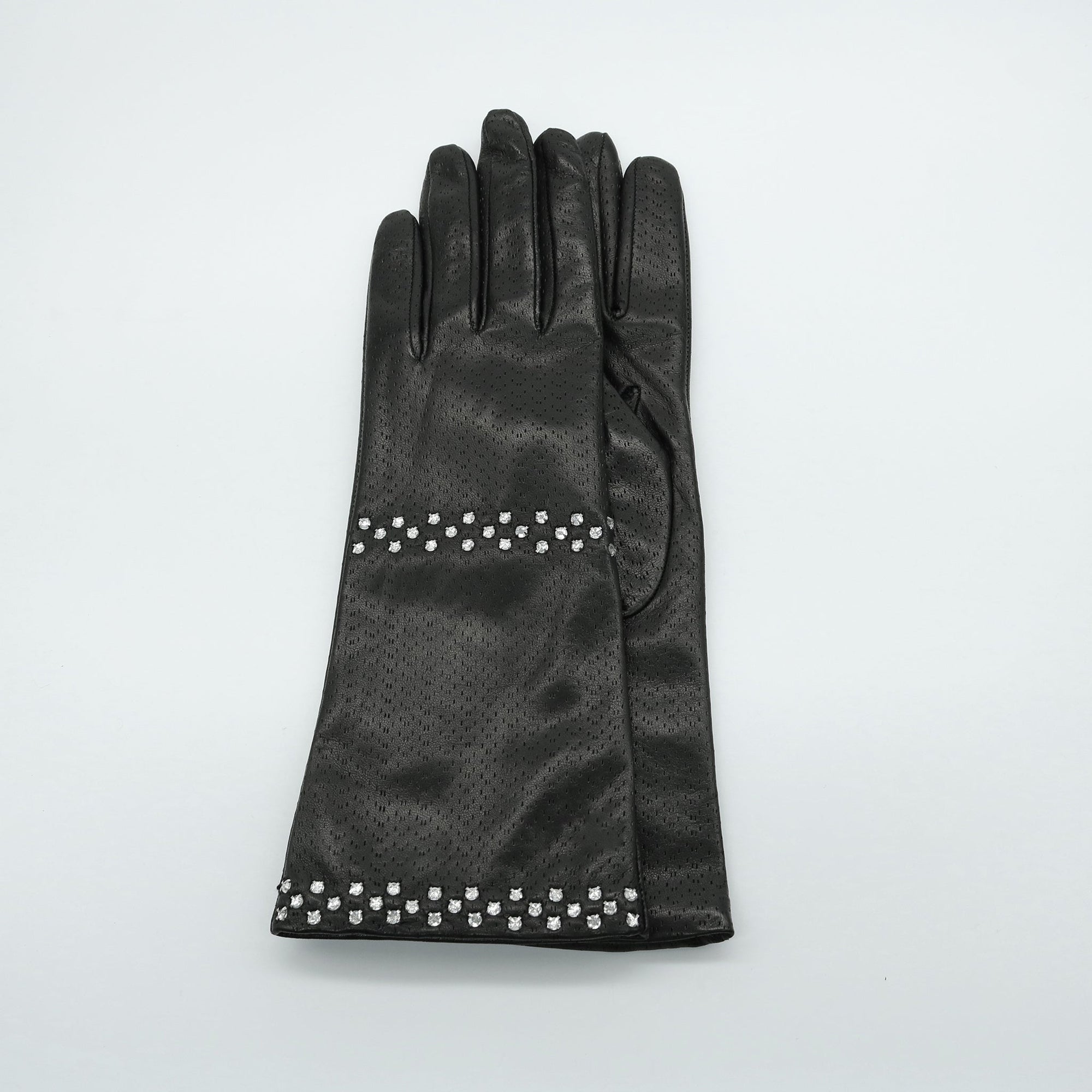 Mid Length Leather Gloves With Stones | Black