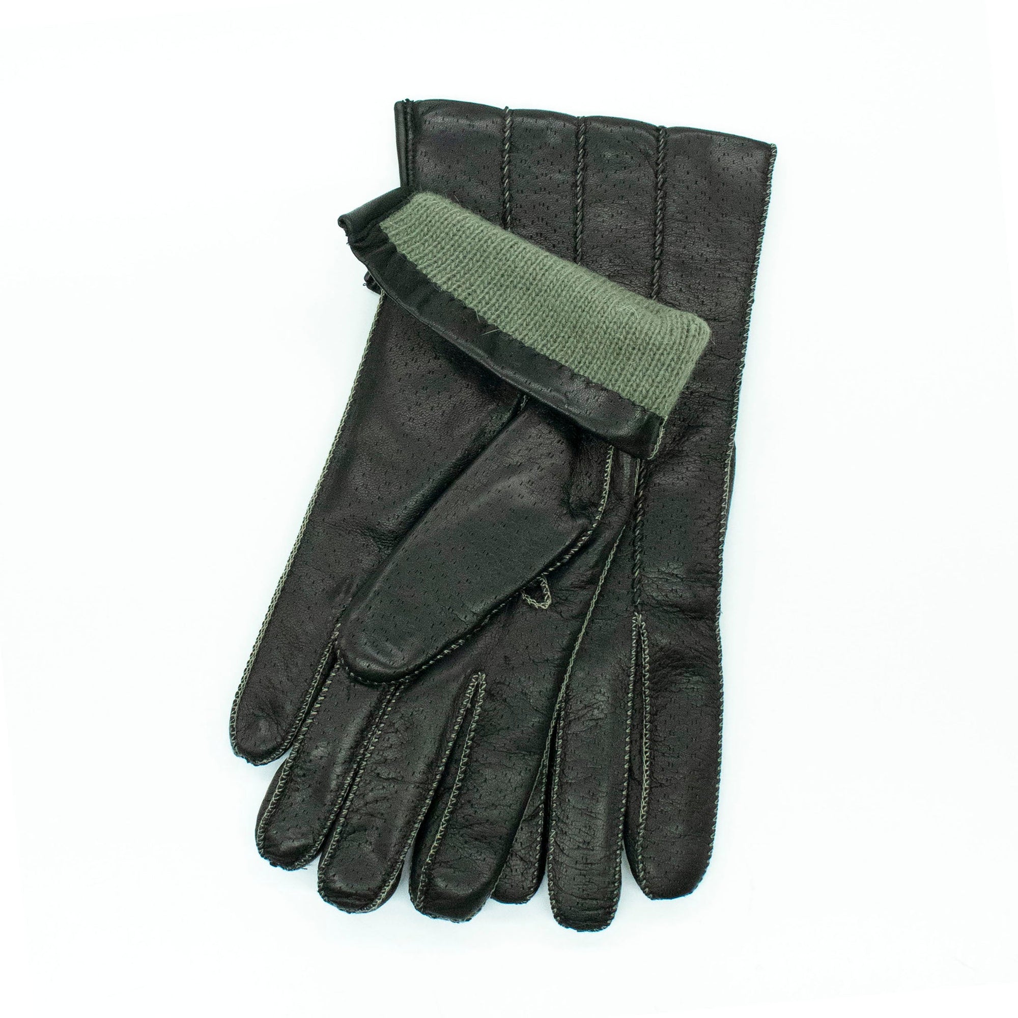 Leather Gloves With Contrast Color Stitches | Black/Sage