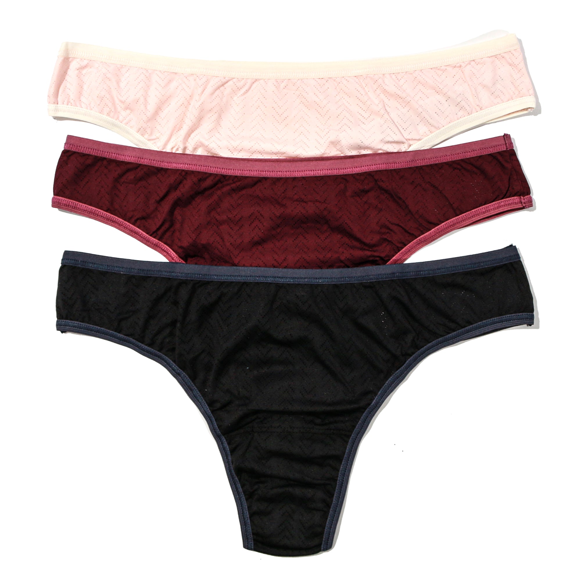 3 Pack Movecalm Natural Rise Thong | Pearl/Marshmallow - Dried Cherry/Damson Plum- Black/Granite