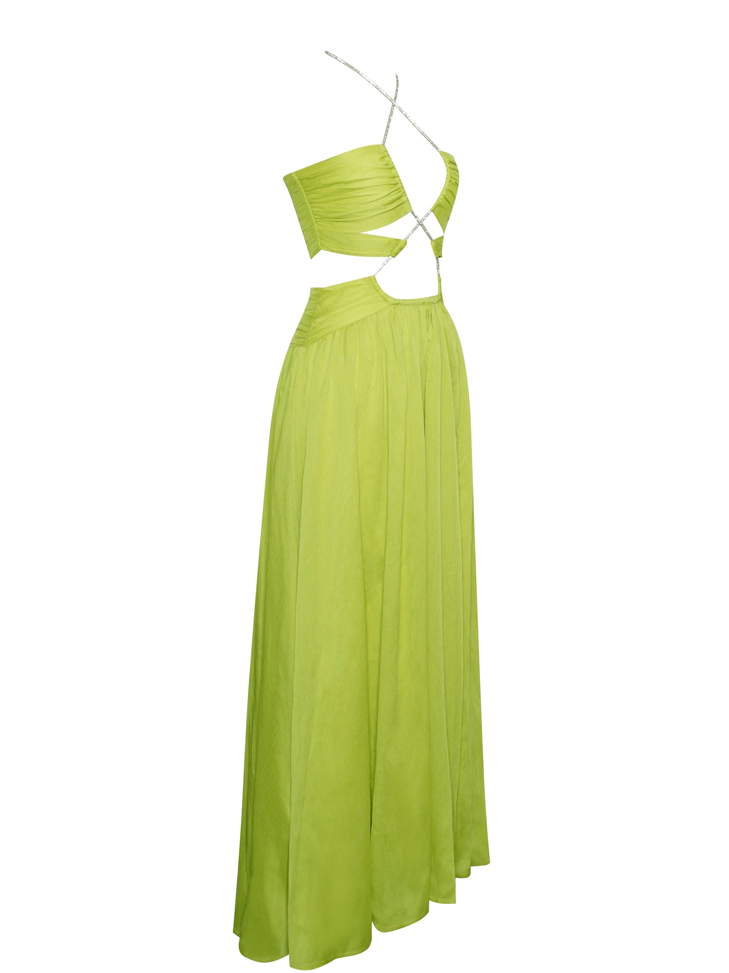 Quinby Lemon Chiffon Pleated Lace Up Maxi Dress | Green