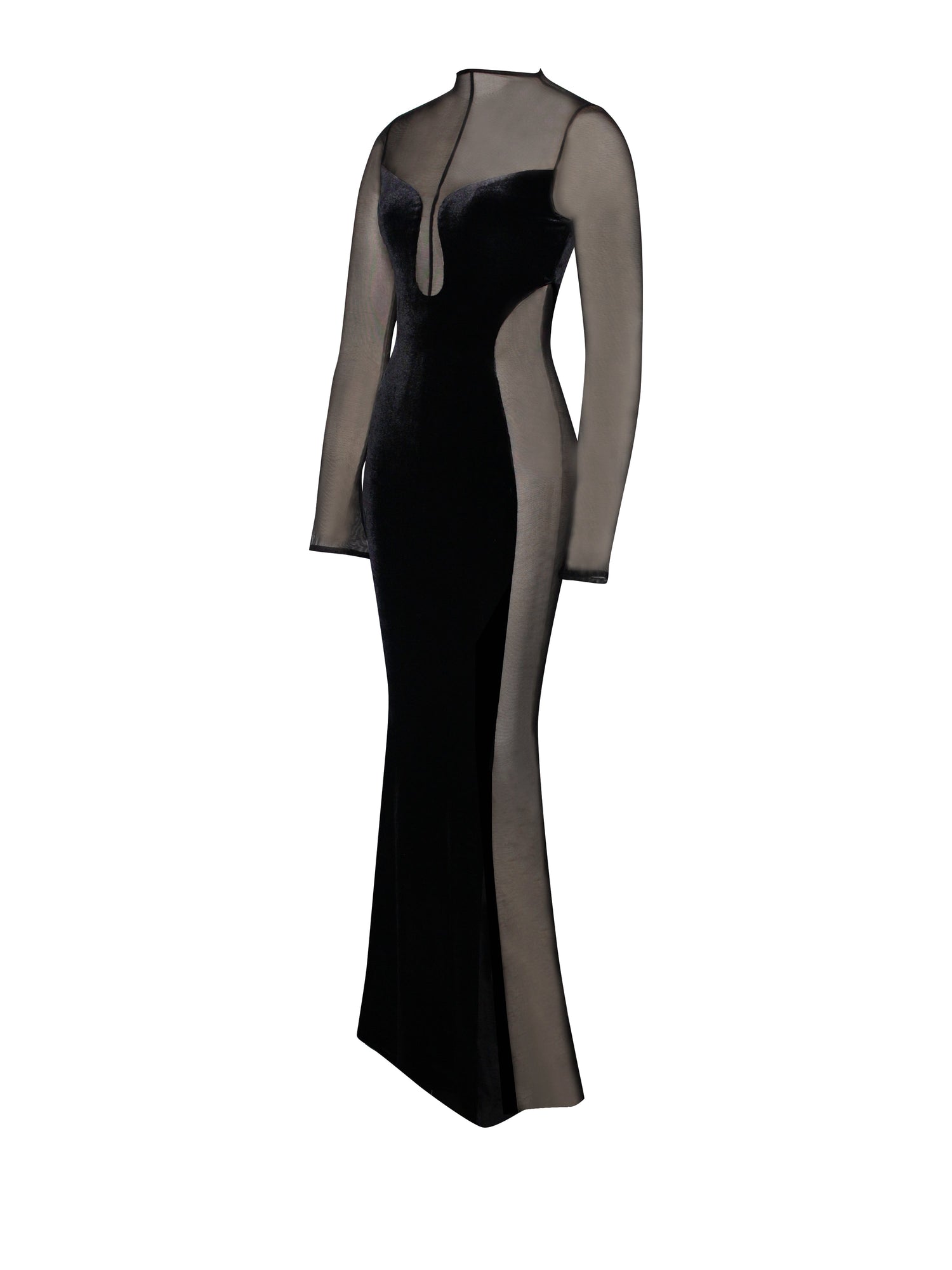 Paislee Velvet Mesh Long Sleeve Gown | Black