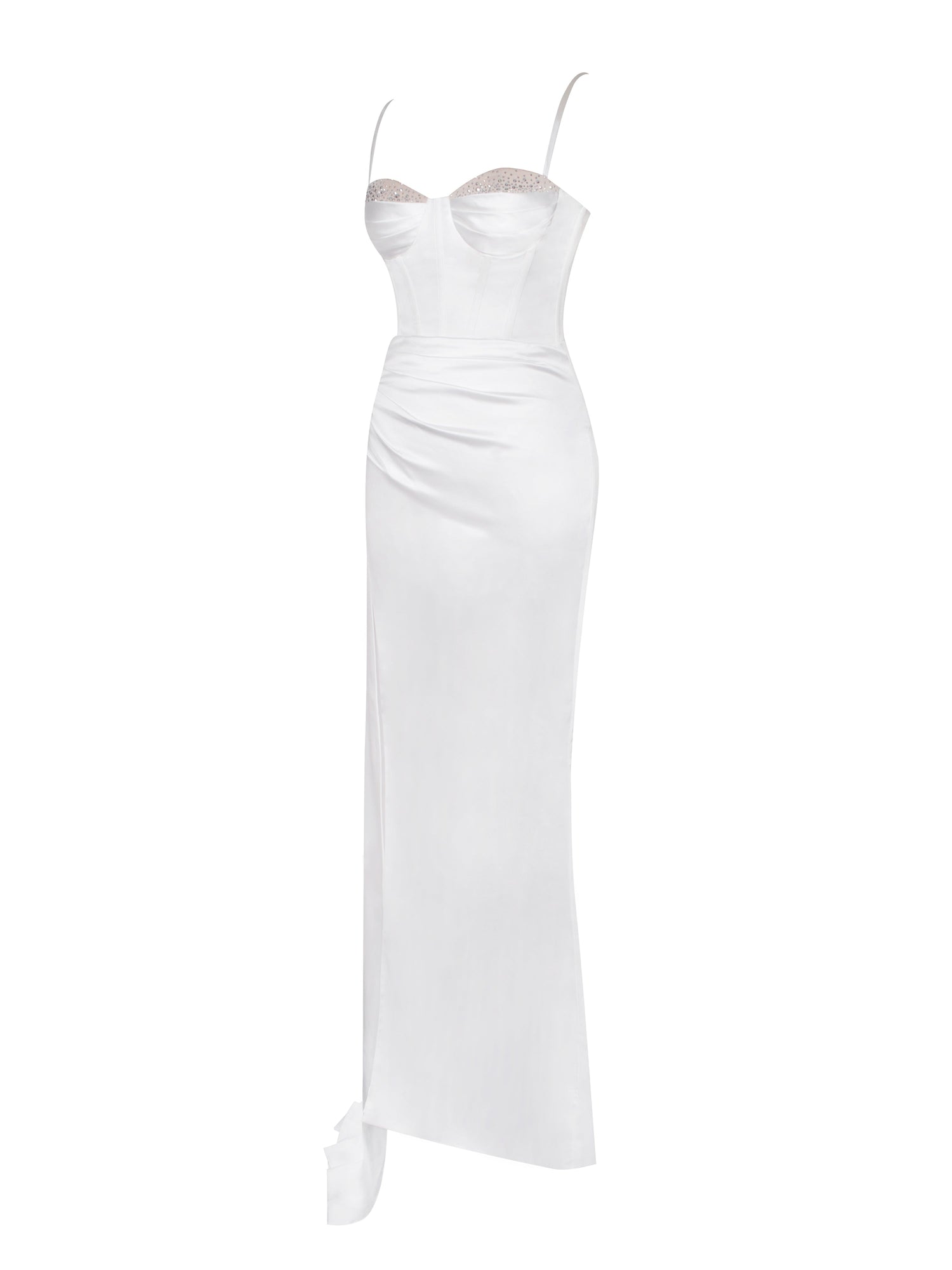 Vanity Satin High Slit Draping Corset Gown With Crystals | White