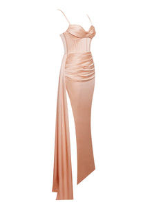 Elayna Strappy Satin Corset High Slit Gown | Blush