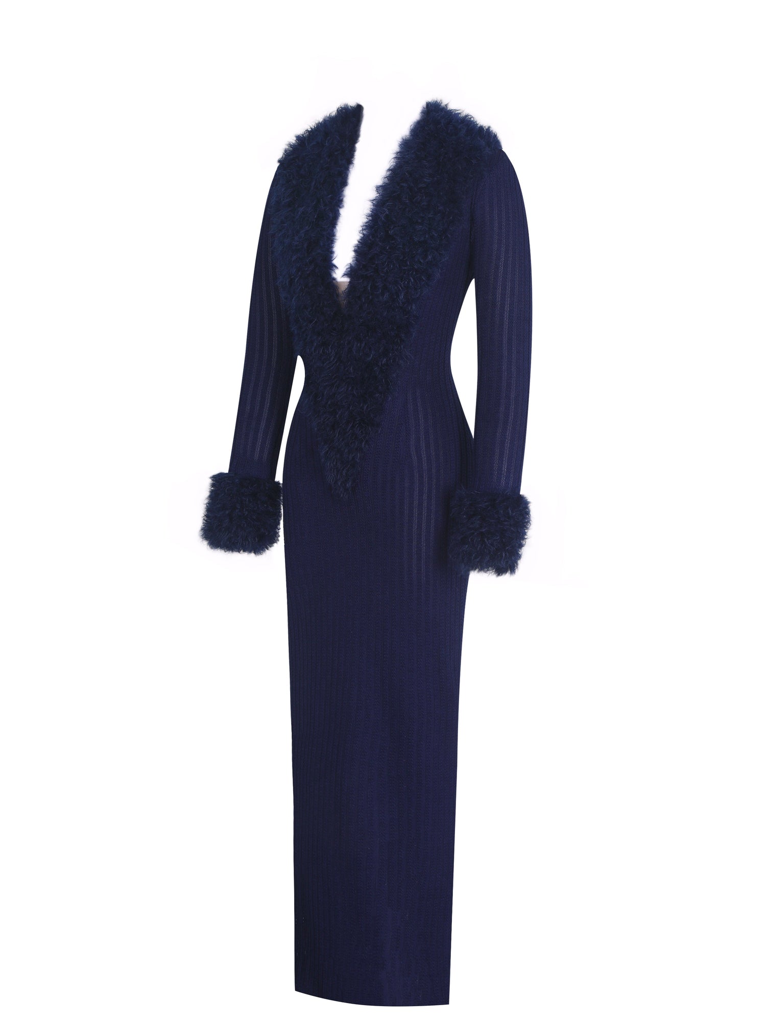Miss Circle | Romina Plunging Fur Trimmed Crochet Maxi Dress