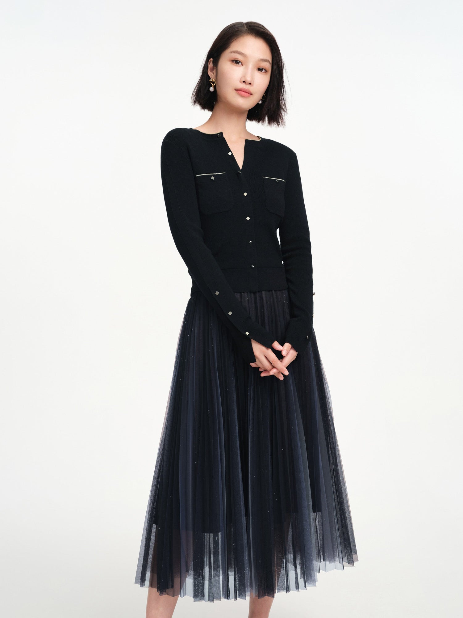 Mesh Pleated Dress With Fitted Tank | Black