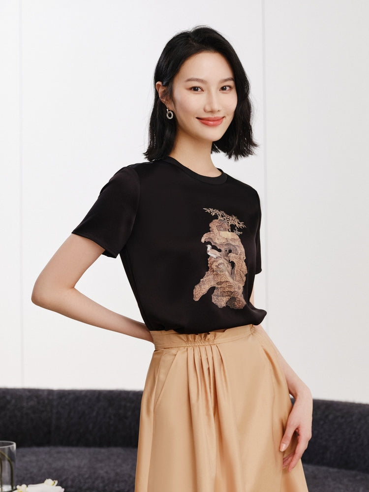 Triacetate "Stone Carving of Auspicious Dragon" T-Shirt | Black