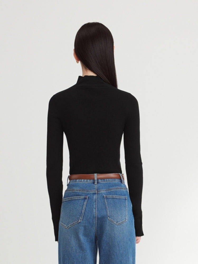 Pure Wool Solid Color Knit Sweater | Black