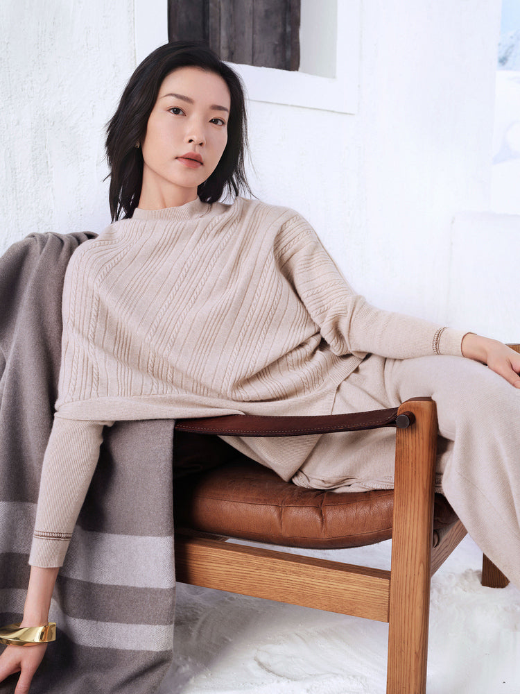 Cashmere Batwing Sleeves Twilled Sweater | Beige