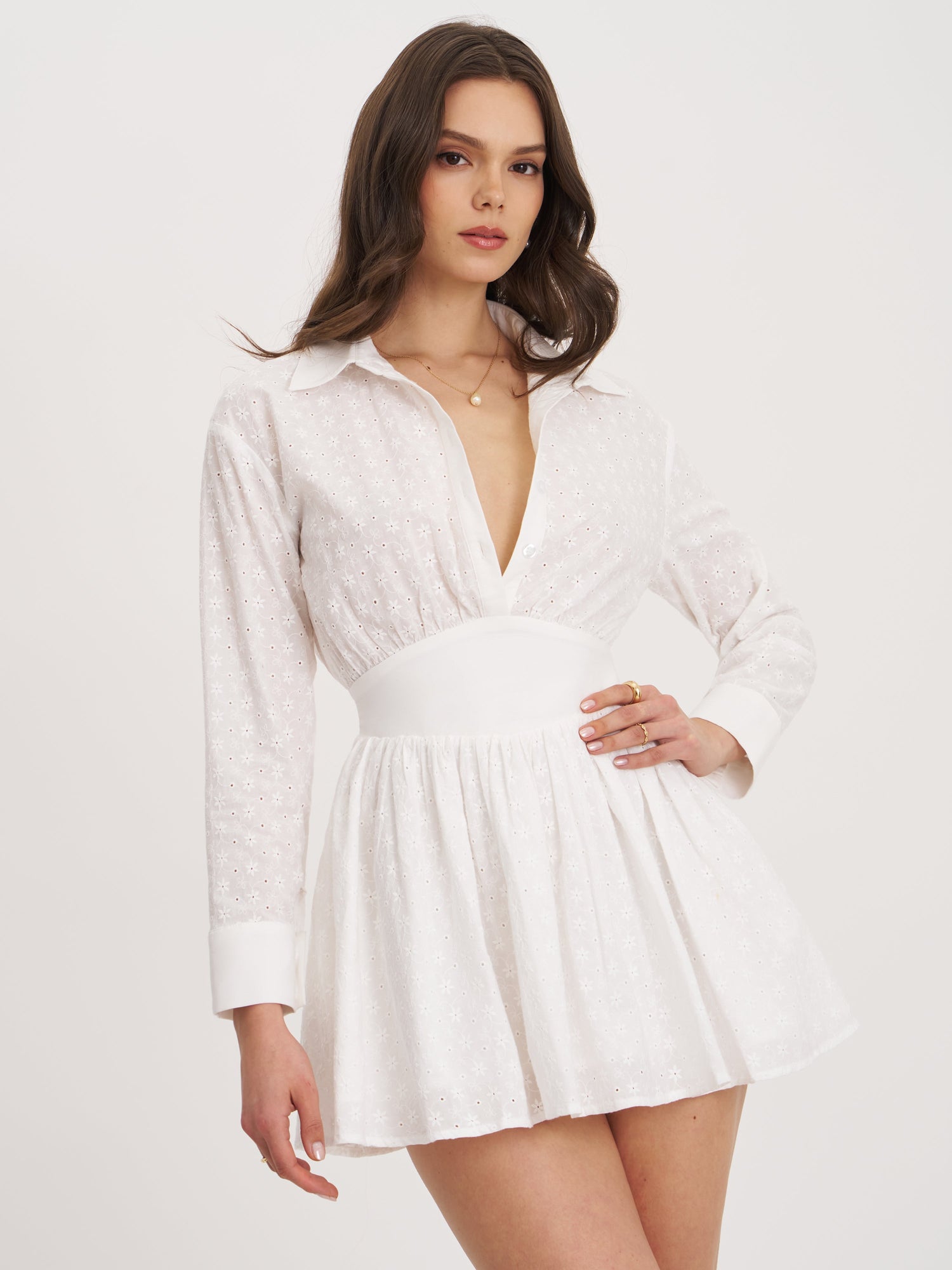 Miss Circle | Gabriella Cotton Eyelet Button Up Long Sleeve Shirt Dress
