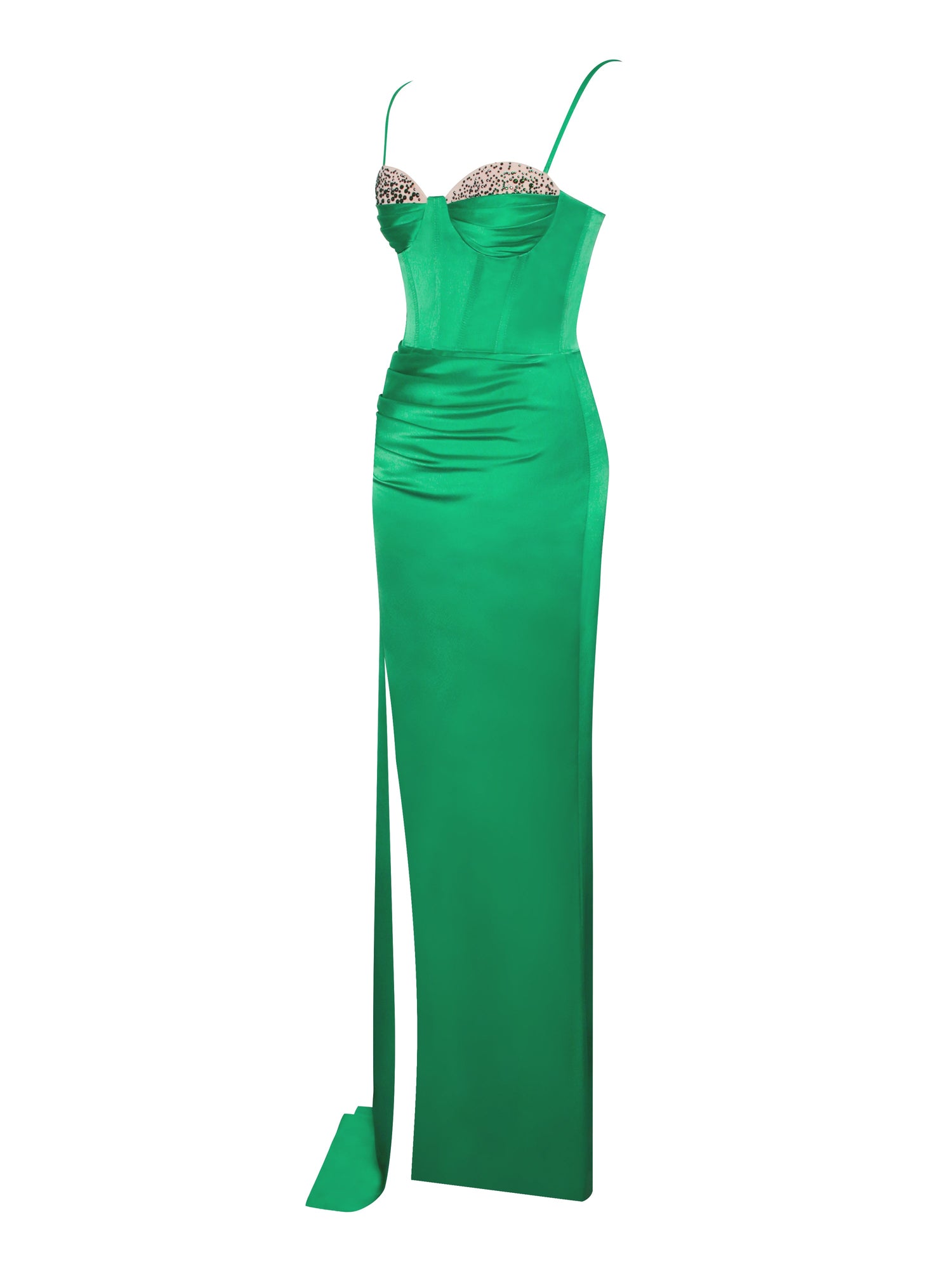 Vanity Satin High Slit Draping Corset Gown With Crystals | Green