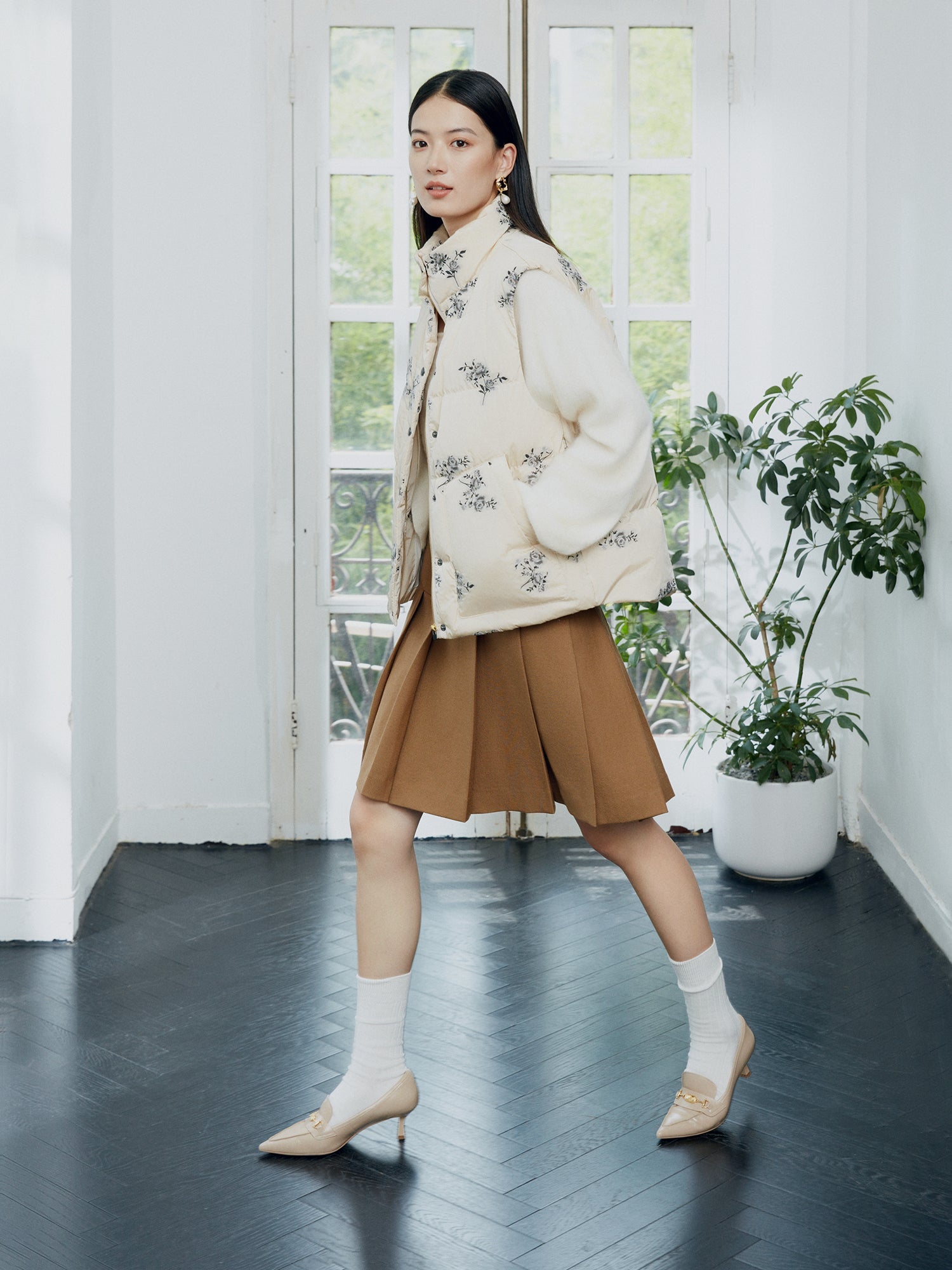 Printed Goose Down Vest | Beige