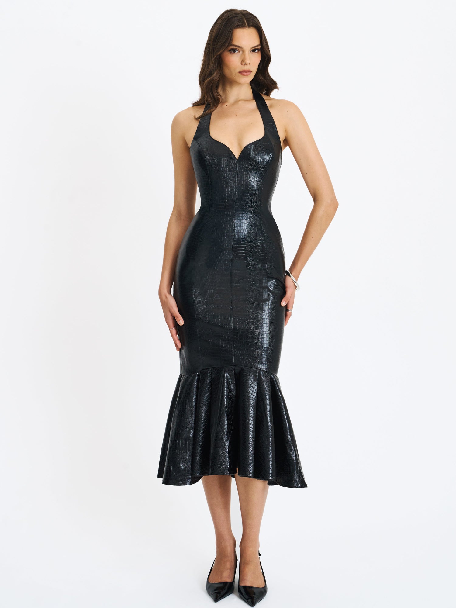 Miss Circle | Gardenia Leather Midi Sweetheart Halter Flared Dress