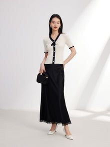 Short-Sleeved Color Block Knit Cardigan | Beige