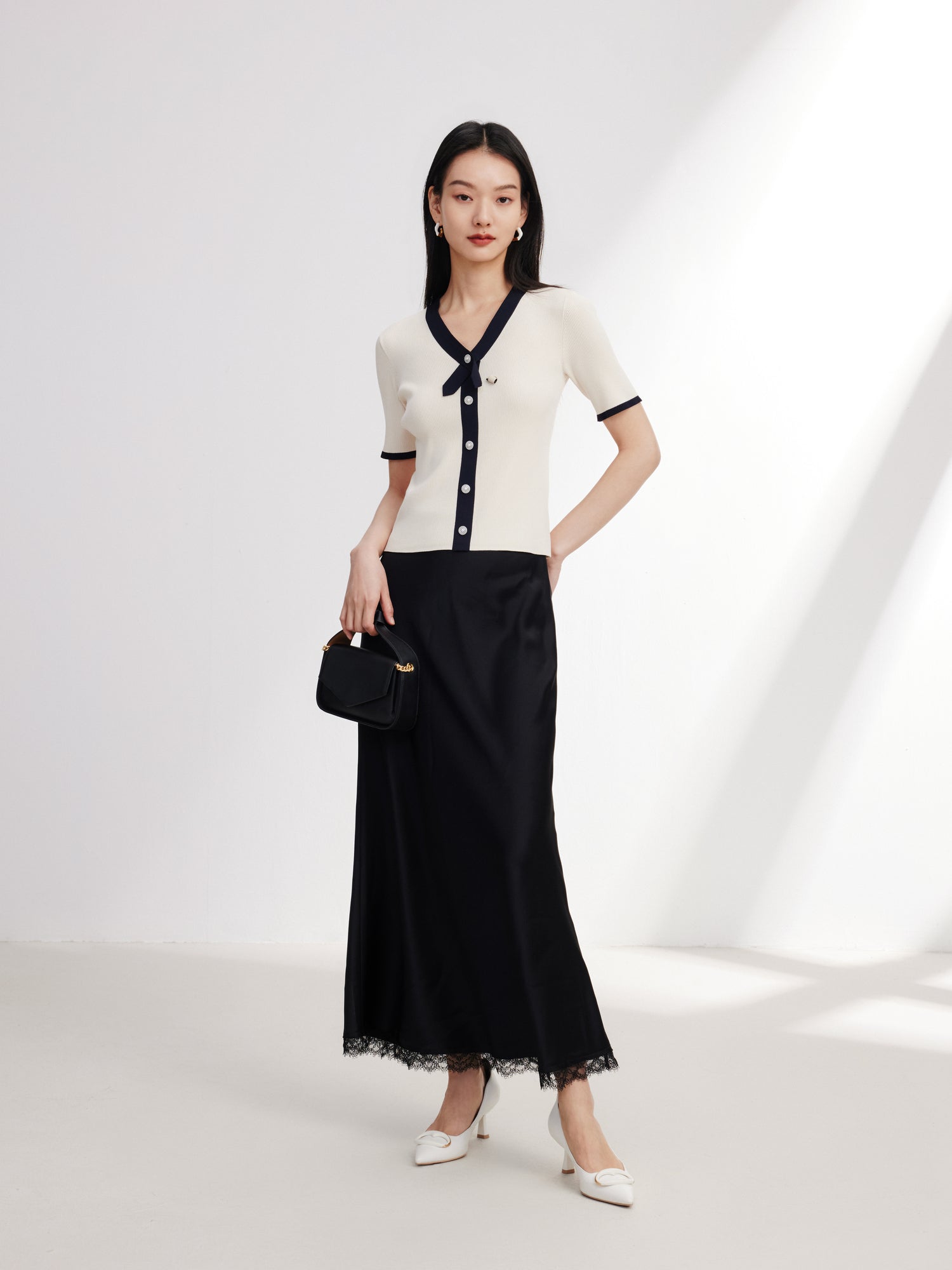Short-Sleeved Color Block Knit Cardigan | Beige