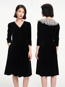 Lace Collar Velvet Knee Length Dress | Black