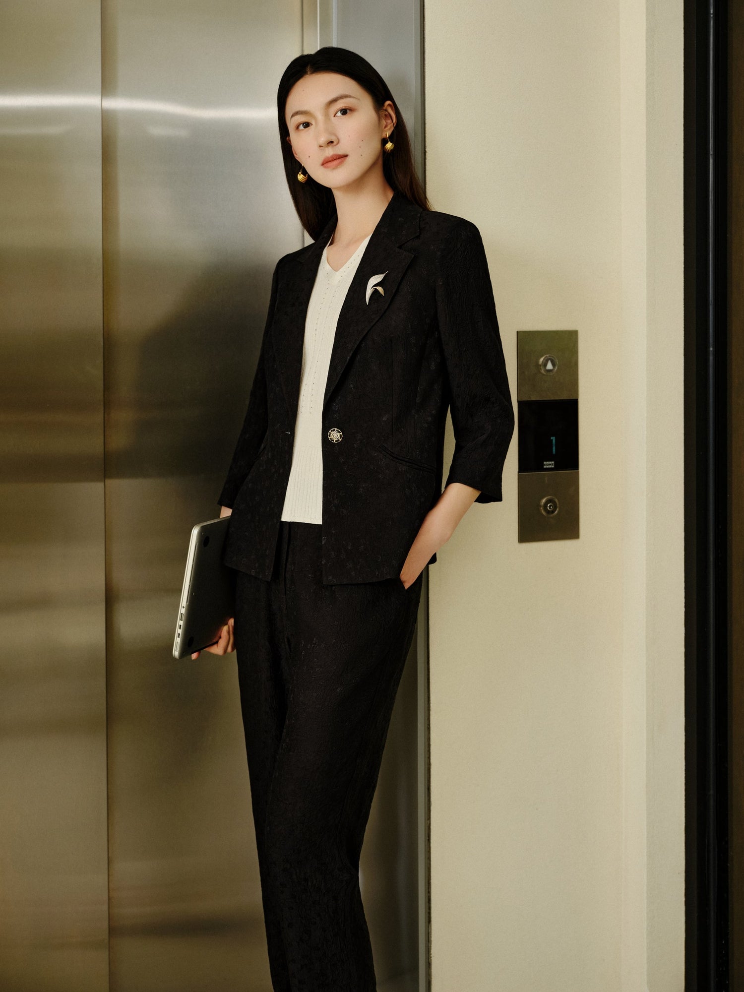 Jacquard Cinched Waist Blazer Jacket | Black