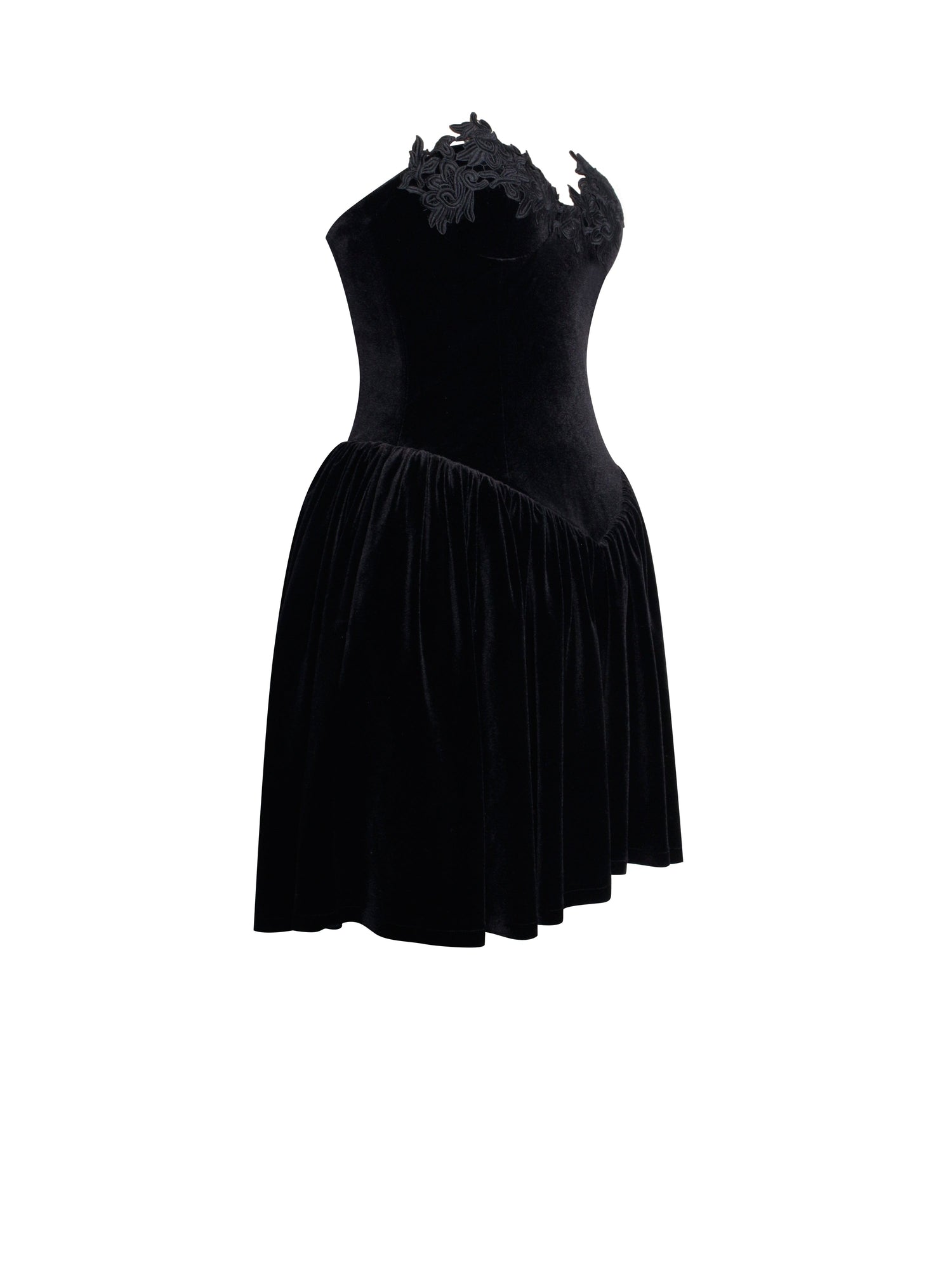 Nora Velvet Drop Waist Corset Puffy Mini Dress with Lace Trim | Black