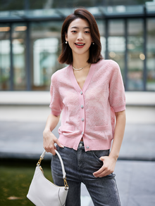 Embossed Slim Knit Cardigan | Pink