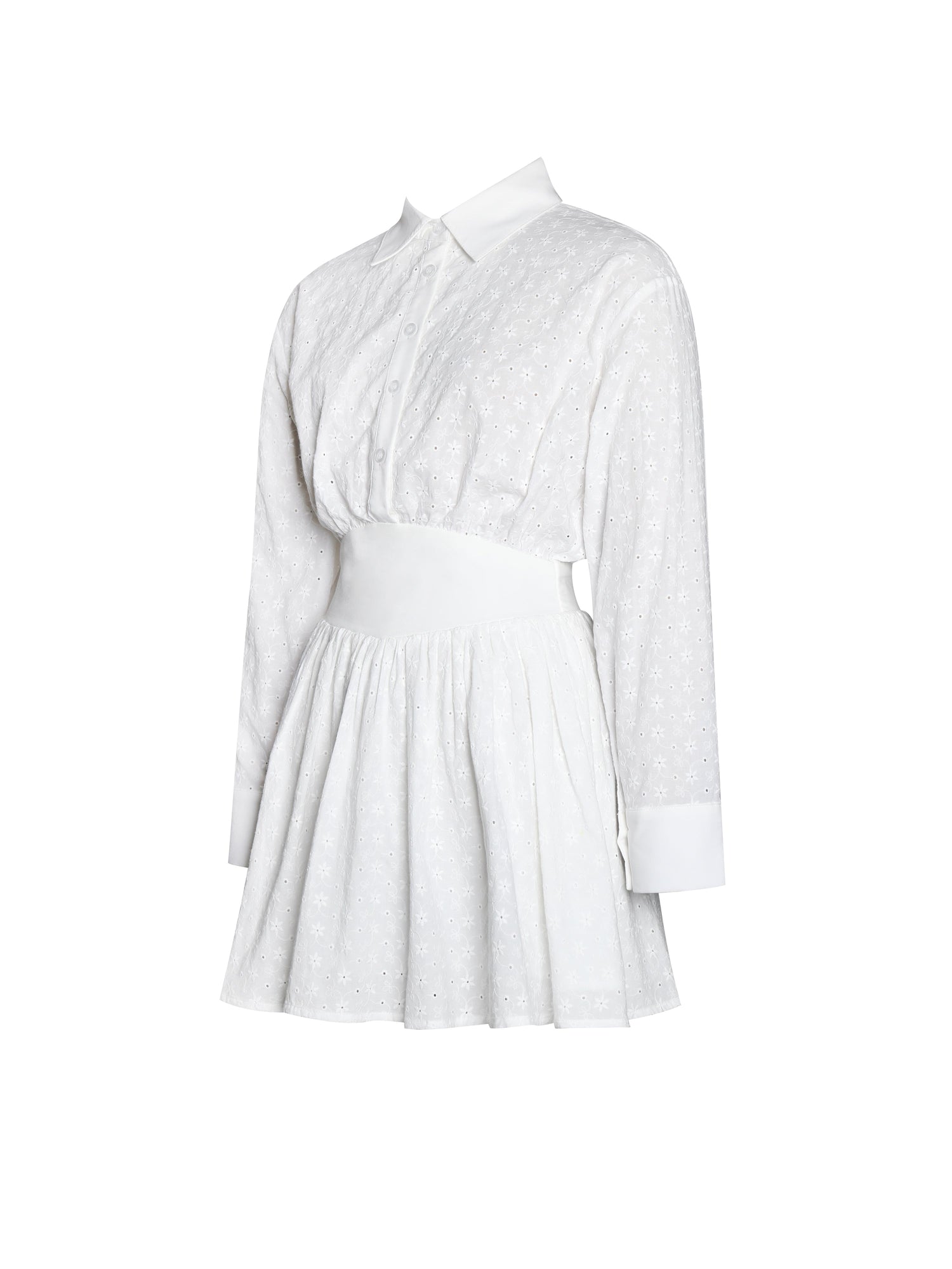 Miss Circle | Gabriella Cotton Eyelet Button Up Long Sleeve Shirt Dress