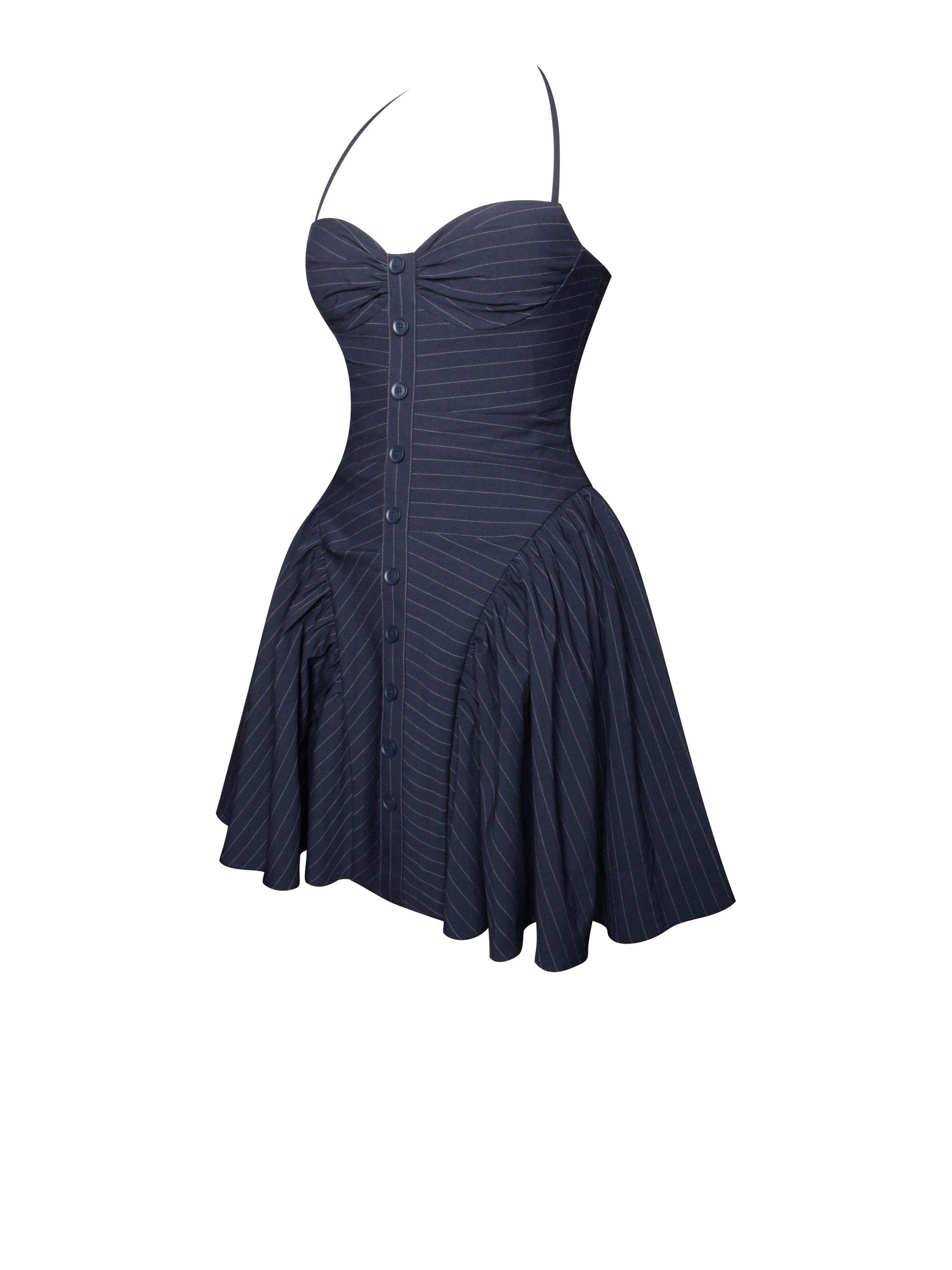 Melody Pinstripe Halter Drop Waist Mini Dress | Navy Blue