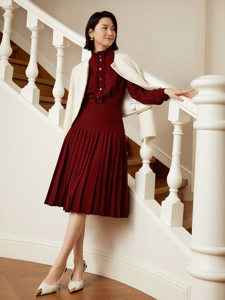 Triacetate Stand Collar Dress | Wine Red