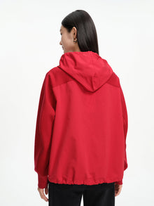 Hooded Cardigan With Embroideried Drawstring | Red