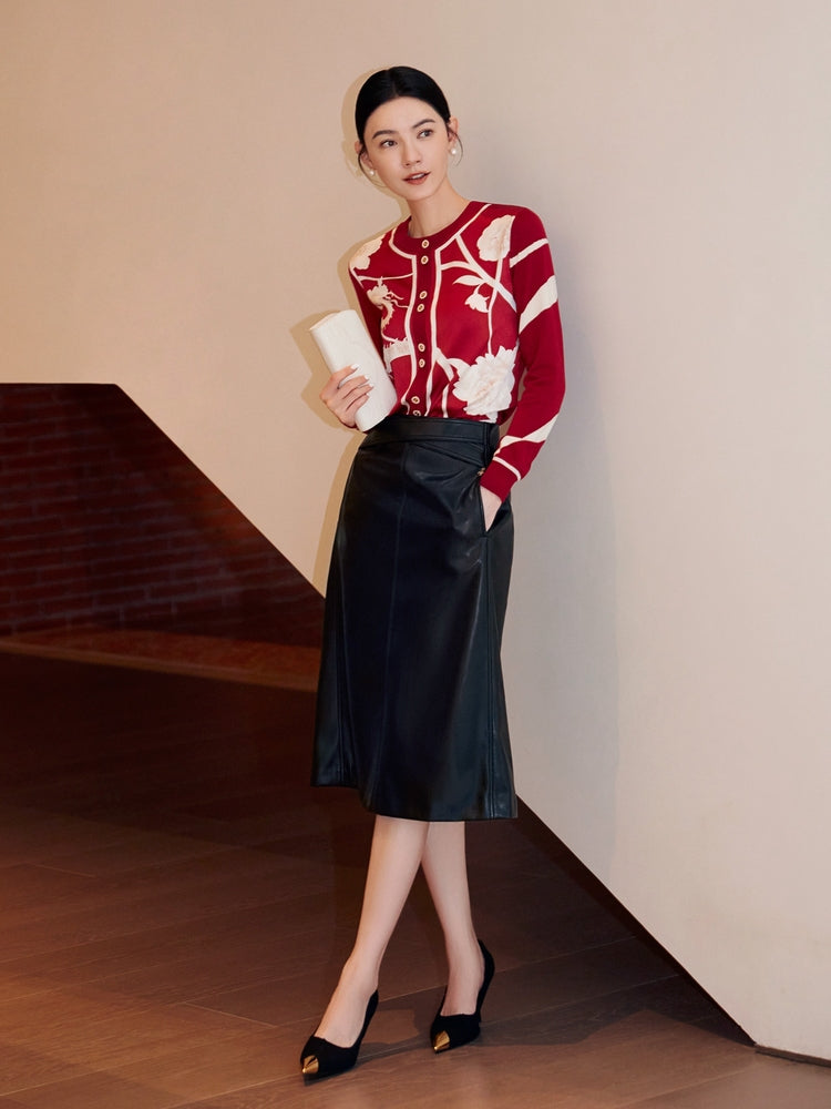 Paneled Printed Sweater | Red