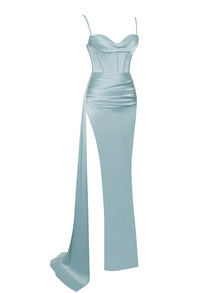 Elayna Pale Strappy Satin Corset High Slit Gown | Blue