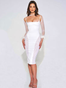 Oaklie Satin Mesh Sleeve Dress With Feathers | White